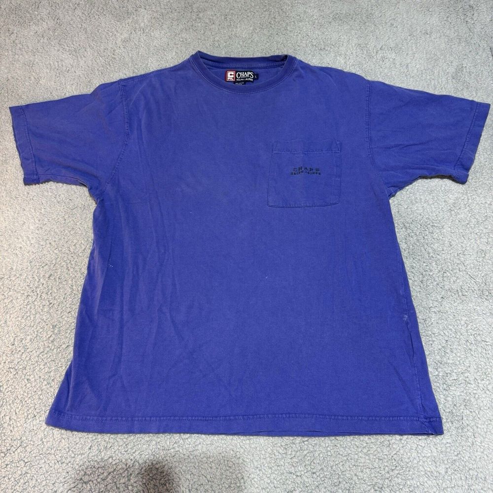 Vtg 90s Chaps Ralph Lauren‎ Mens Large Spell Out Pocket T-Shirt Blue